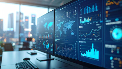 Data Visualization in the Modern Office: A captivating image showcasing high-tech data visualizations displayed on multiple monitors in a sleek, contemporary office setting.