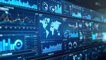 Data Visualization Interface: A sleek interface displays real-time data, world map, interactive dashboards, and dynamic graphs, illuminating the power of information in a modern digital world.