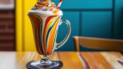 Vibrant rainbow milkshake in a glass goblet.