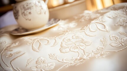 Delicate embroidered floral pattern on ivory fabric.