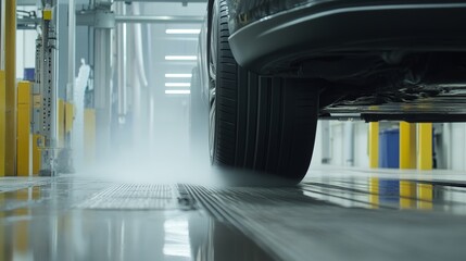 Tire being tested in simulated road conditions using high-tech roller system