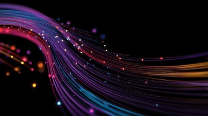 Black background with colorful lines and dots swirling around in the shape of a glowing fiber optic cable. Digital connectivity concept with tech network visual effect