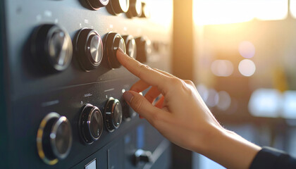 Control Panel Interaction: A person's finger delicately interacts with a high-tech control panel, showcasing precision and modern design, hinting at complex functions and technological advancements.