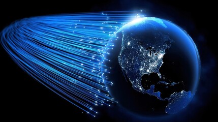 Blue fiber optic cables flowing around the Earth, representing global digital connectivity and tech network communication across the globe