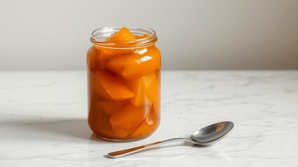 Farmhouse Preserves: A Glass Jar of Pickled Peaches Sitting on a Marble Countertop