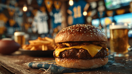 Delicious cheeseburger with fries and beer set against a sports-themed backdrop for game day enjoyment