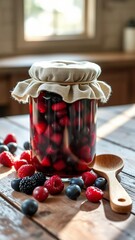 Homemade Raspberry Jam in a Mason Jar on a Table