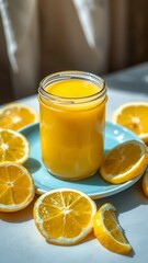 Jar of Orange Juice with Fresh Oranges in the Background