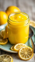Jar of Yellow Lemonade Garnished with Fresh Slices and Oranges