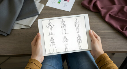 Fashion Designer Using Tablet for Clothing Sketches Design Process Workflow