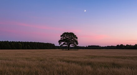 Golden wheat field at dusk with solitary tree. Pastel sky with crescent moon. Tranquil rural landscape.