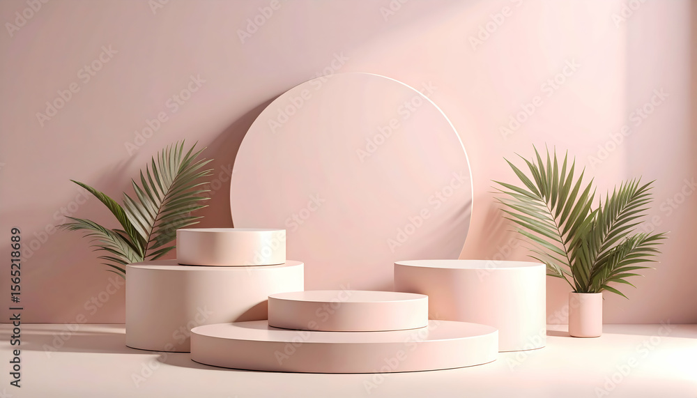 Poster minimalist display scene with circular platforms and palm leaves in soft pink tones