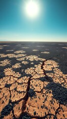 Drought-Stricken Landscape with Cracked Earth and Sun