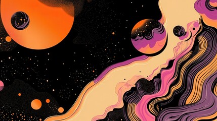 Abstract cosmic scene with swirling colors and celestial bodies.