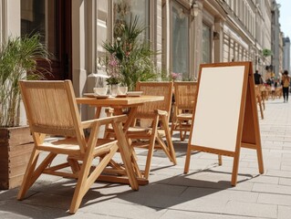 Charming Outdoor Cafe With Blank White Sandwich Sign To Attract Customers