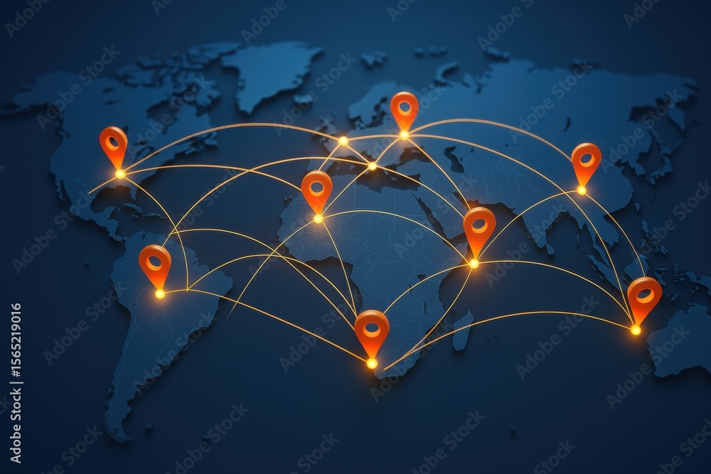 Poster global network visualization: a digital rendering depicts a global network of interconnected locatio