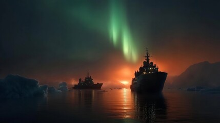 Warships in Arctic exploration, surrounded by icebergs and aurora lights, polar mist rising