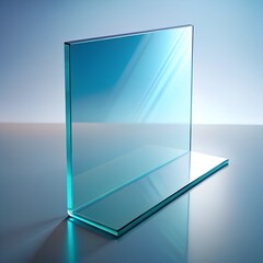 A clear, blue glass display stand is isolated on a white background, showcasing its sleek and minimalist design