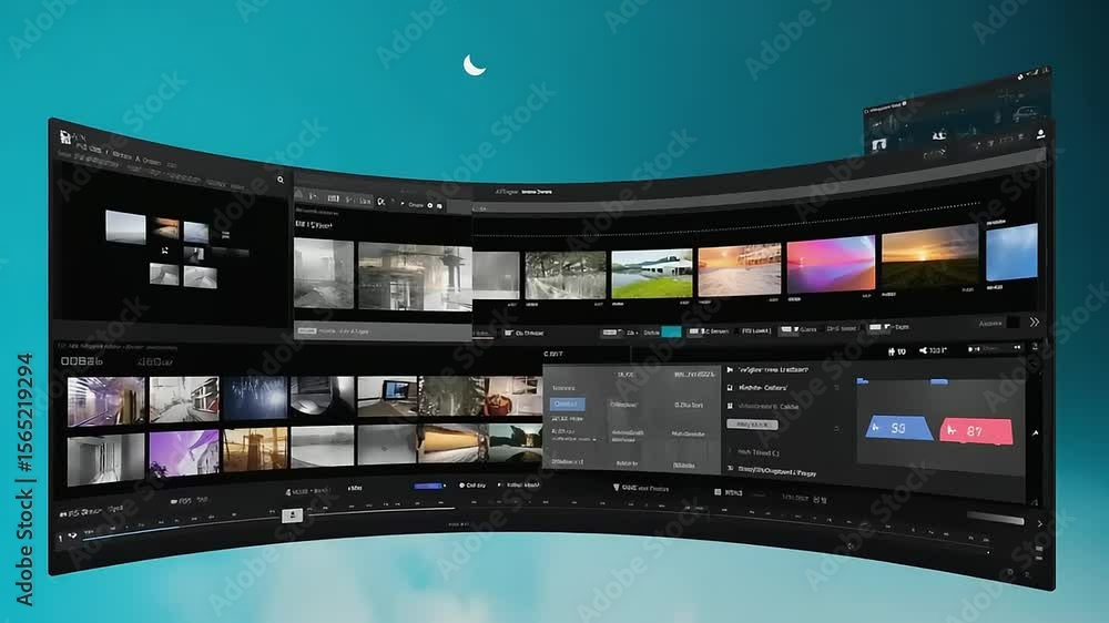 Wall mural a curved monitor displays a complex, dark interface with various visual elements, a crescent moon ab