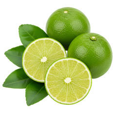 Lime Slice with Kaffir Lime Leaves &ndash; Fresh Citrus and Herbal Ingredient for Cooking and Drinks, Isolated on White or Transparent Background