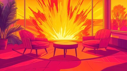 Vibrant interior scene with a dramatic sunset view.