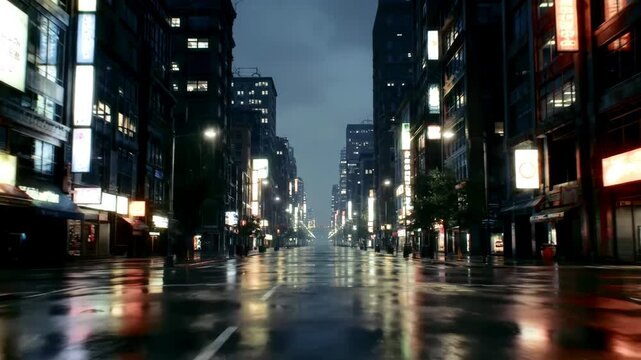 Cinematic low-angle flight down a wet, empty dystopian city street with glowing neon signs at night
