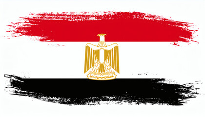 Egypt flag in brush style with red, white, and black horizontal stripes and eagle emblem in center, artistic textured design on white background