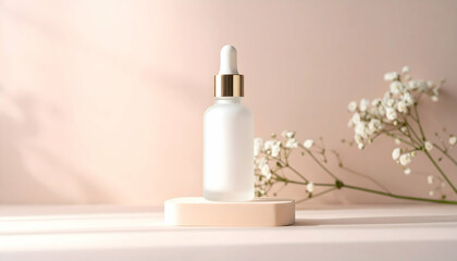 Glass dropper bottle on a soft pink background with delicate flowers