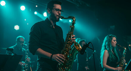 Saxophonist performs on stage with band in vibrant teal lighting electrifying music concert live performance