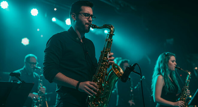 Saxophonist performs on stage with band in vibrant teal lighting electrifying music concert live performance