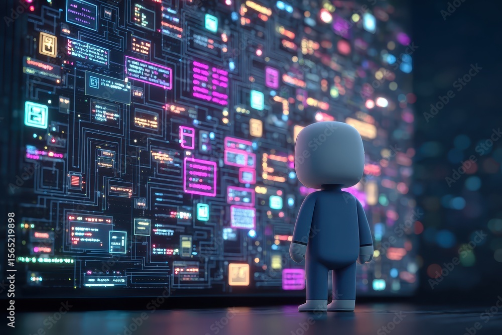 Poster childlike figure in front of colorful digital data visualization display