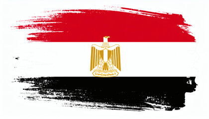 Egypt flag in brush style with red, white, and black horizontal stripes and eagle emblem in center, artistic textured design on white background