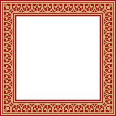 Vector square gold with red border, frame, Pompeii. Rectangle Neopolitan ornament. Art of Ancient Rome. Template for stained glass
