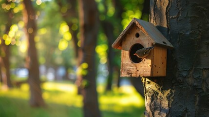 Wooden birdhouse on tree in summer park