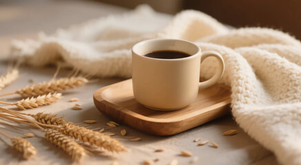 Warm Cozy Morning, Beige Coffe Cup on Wooden Tray with Dried Wheat and Soft Blanket
