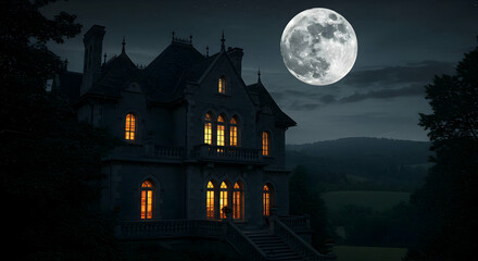 Mysterious Mansion Moonlight Night Eerie Haunted House Spooky Victorian Architecture Full Moon Dark Night Scary Landscape Halloween Mystery Thriller Gothic Castle