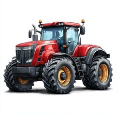 Obraz premium Modern red tractor parked on farm during daylight, showcasing sturdy design and powerful tires for agricultural tasks