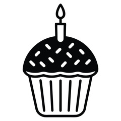 Simple black and white icon of a cupcake with a lit candle and sprinkles