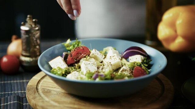 Hand seasoning fresh Greek salad in blue bowl