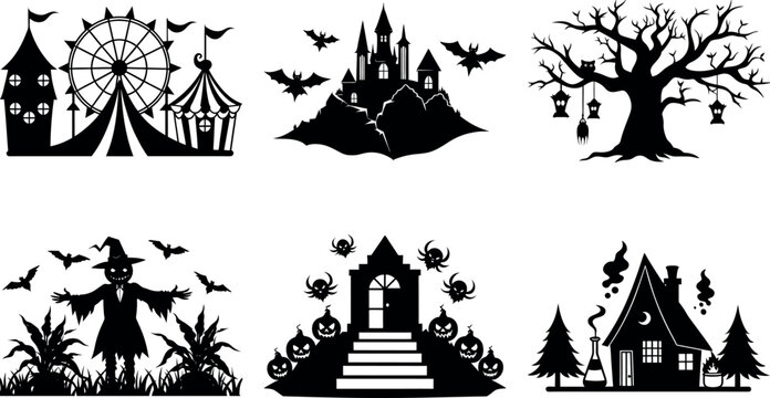 Halloween Silhouette Vector Bundle &ndash; Haunted House, Ghost, Witch, Tree,Circus on White Background