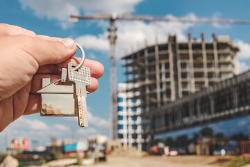Hand Holding House Keys Building Construction Site, Real Estate Development