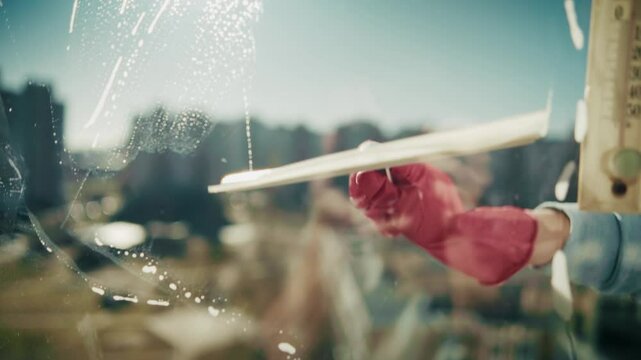 Window being cleaned with squeegee and soapy water