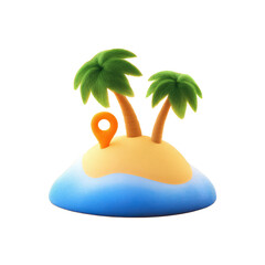 Tropical island with palm trees and location pin for vacation destination