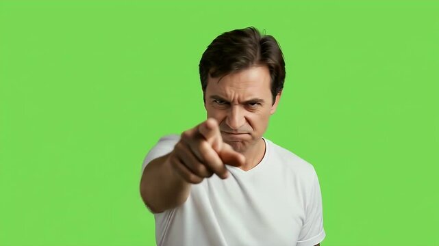 Serious Man Pointing Accusingly on Green Screen. (AI Generated)