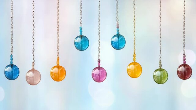 A row of colorful glass balls hanging from a chain. The balls are of different colors and sizes, creating a vibrant and cheerful display. Concept of joy and celebration