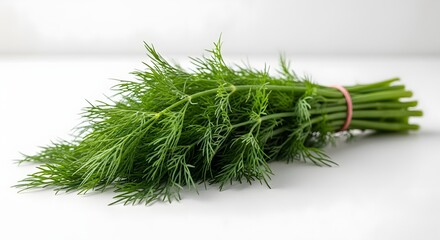 hern Fresh Green Dill Bunch with Red Rubber Band on White Background