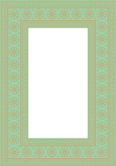 Vector square gold with green ancient Russian ornament. Slavic rectangle, border, frame. Painting of the royal chambers.
