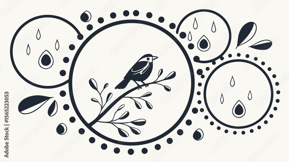 Poster black and white bird on branch with rain drops vector art illustration for print and digital design 