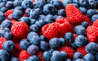 A close-up of mixed summer berries including fresh blueberries and raspberries.

