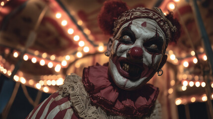 A creepy clown with a twisted expression laughing, horror vibe, scary makeup, unsettling smile, eerie atmosphere, sinister character, dark circus theme, suspense and fear.